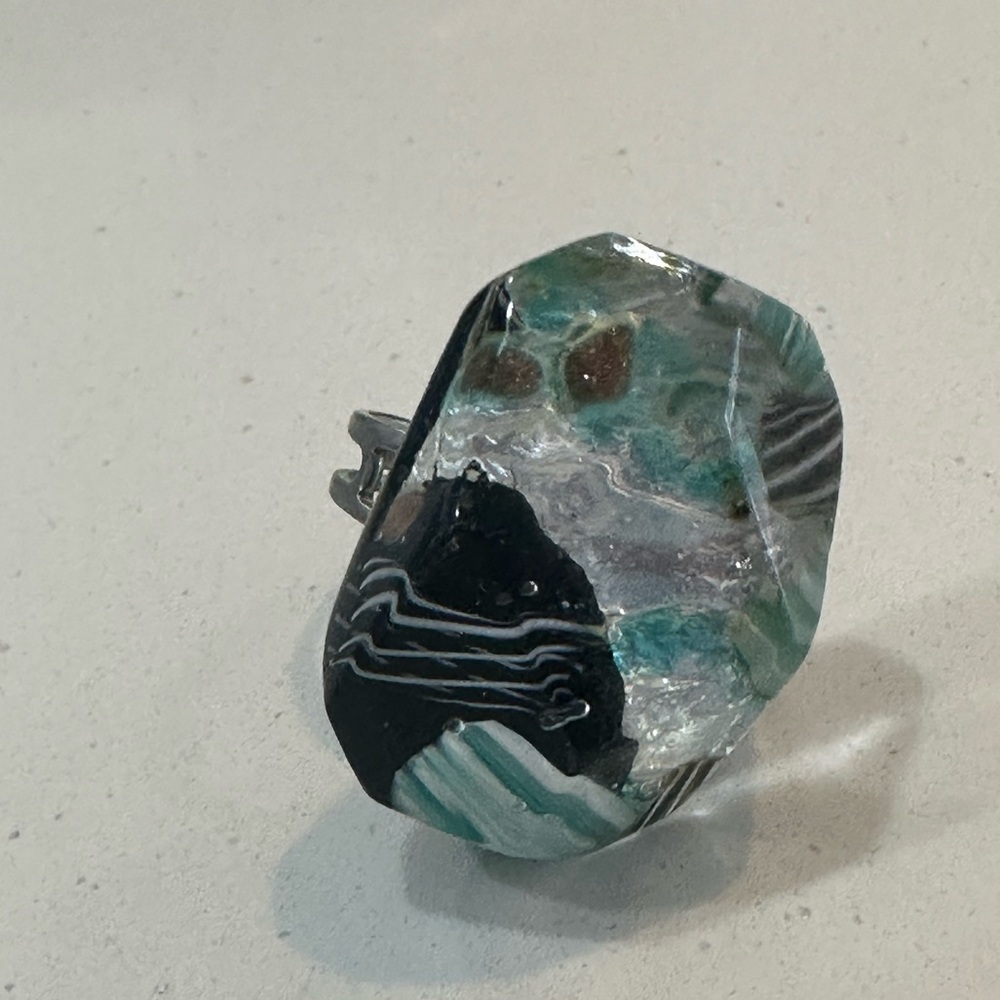 Venice Italy murano glass silver black aqua gold adjustable ring